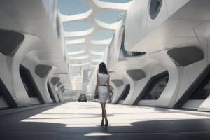 future tripping woman in a futuristic building